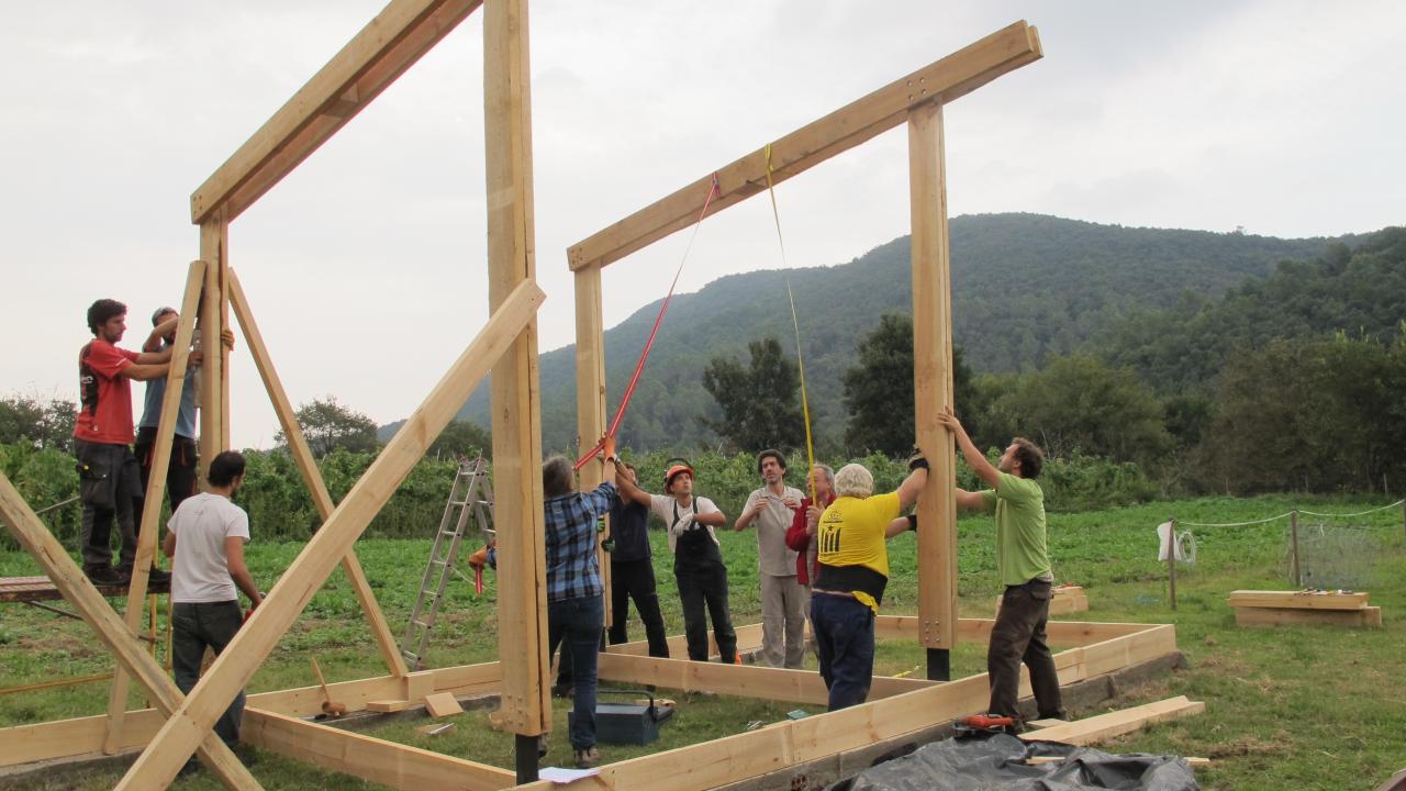 personas construyendo un cobertizo de madera